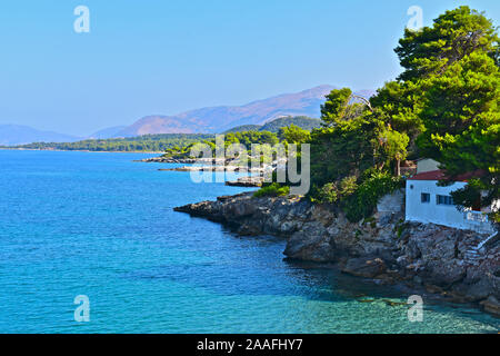 A view of the spectacular coastline looking from Lassi towards the capital Argostoli. Stock Photo