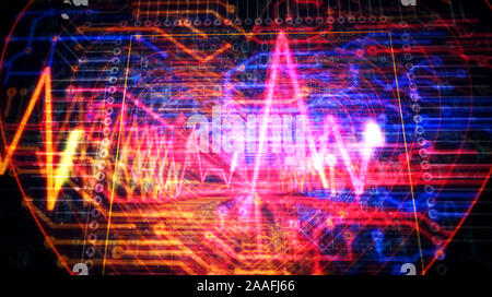 Cyber heart pulse futuristic 3D rendering illustration. Concept of romance, love, health, medicine and advanced cybernetic technology. Abstract light