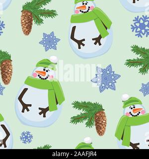 Seamless pattern with snowman and fir branches, snowflakes. Vector illustration. Stock Vector