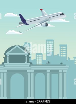 airplane flying over urban city buildings scenary background Stock Vector