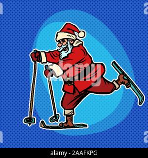 Santa Claus goes skiing. Comic cartoon pop art retro Stock Vector