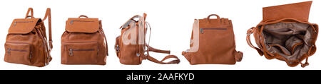 Collage of different sides  of the same dark orange backpack isolated on white background Stock Photo