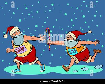 Sports relay. Santa Claus old 2019 and new 2020..Christmas and New year Stock Vector