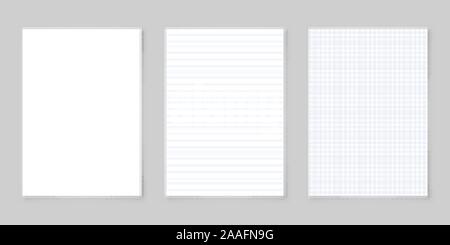 Realistic blank lined paper sheet with shadow in A4 format isolated on gray background collection. Notebook or book page. Design template or mockup Stock Vector