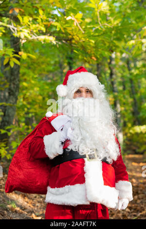 Santa Claus with red bag  in forest with copy space for text Stock Photo