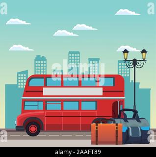 london bus and travel bags on the stree over urban city buildings scenary background Stock Vector