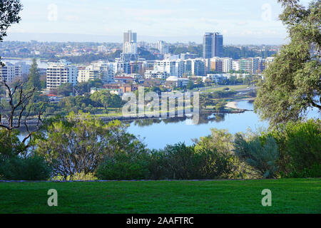 PERTH, AUSTRALIA -11 JUL 2019- View of the cityscape skyline of the city of Perth seen from Kings Park in Perth, Western Australia. Stock Photo