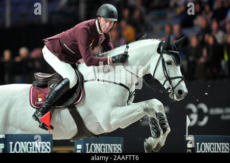 Prague, Czech Republic. 21st Nov, 2019. Michael Whitaker riding For Fun during GCL Super Cup Quarter Final during the Longines Global Champions Playoffs 2019 in Prague in the Czech Republic. Credit: Slavek Ruta/ZUMA Wire/Alamy Live News Stock Photo