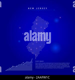 New Jersey US state illuminated map with glowing dots. Infographics elements. Dark blue space background. Vector illustration. Growing chart, lorem ip Stock Vector