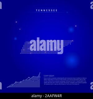 Tennessee US state illuminated map with glowing dots. Infographics elements. Dark blue space background. Vector illustration. Growing chart, lorem ips Stock Vector