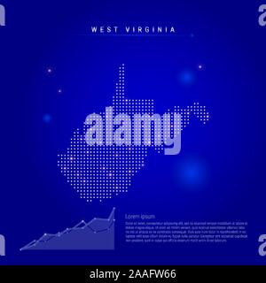 West Virginia US state illuminated map with glowing dots. Infographics elements. Dark blue space background. Vector illustration. Growing chart, lorem Stock Vector