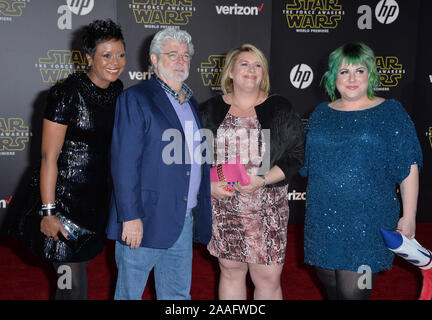 LOS ANGELES, CA - DECEMBER 14, 2015: Filmmaker George Lucas & wife Mellody Hobson & daughters Amanda Lucas & Katie Lucas at the world premiere of 'Star Wars: The Force Awakens' on Hollywood Boulevard © 2015 Paul Smith / Featureflash Stock Photo