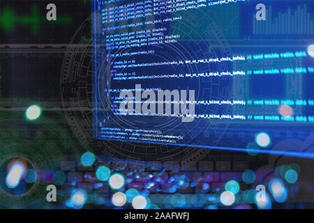 close up laptop computer screen with a programming code creating Stock Photo