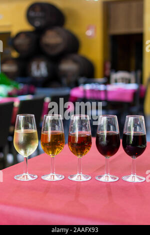 Sherry wine tasting, selection of different jerez fortified wines in glasses from dry to very sweet, Jerez de la Frontera, Andalusia, Spain Stock Photo