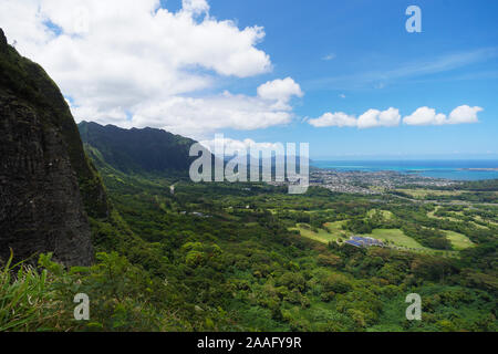 View of lush and beautiful Windward Oahu, Hawaii from the Pali Lookout. Stock Photo