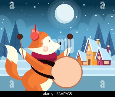 cute christmas fox playing a drum over houses and snowy night background Stock Vector
