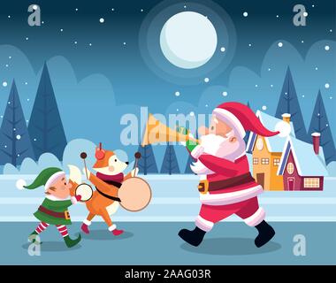 santa claus with christmas elf and cute fox playing musical instruments Stock Vector