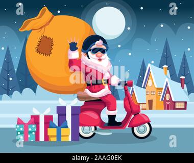 cool santa claus on a motorcycle with big bag over snowy night background Stock Vector