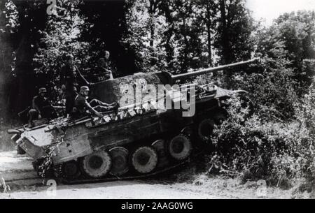 German Waffen SS Troops on board a Panther Tank in Normandy 1944 B/W Photo Stock Photo