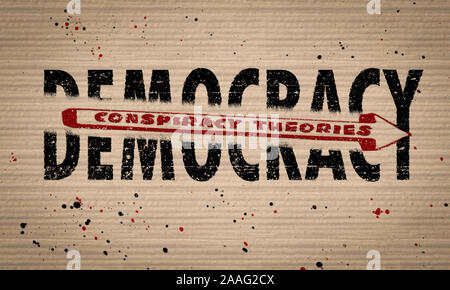 Conspiracy Theories shattering Democracy text on cardboard paint splattered background, concept illustration Stock Photo