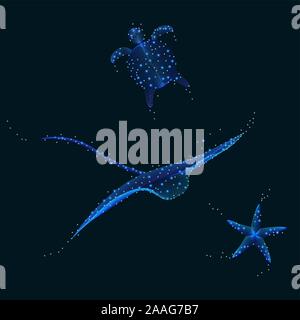 Abstract Manta Ray Turtle Starfish swimming underwater with bubbles and galaxy stars - contains blends Stock Vector