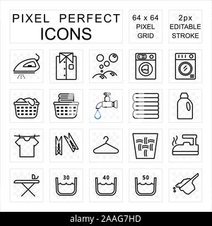 Laundry pixel perfect icon set with washing and housework concept editable 2 pixel stroke Stock Vector