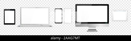 Detailed Realistic mobile and computer devices with laptop, monitor screen, tablet, mini tablet and smartphone, each device individually grouped and o Stock Vector