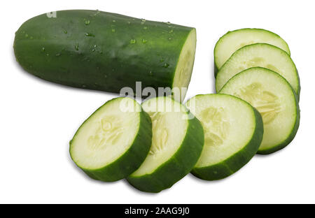 Cucumber Halved and Sliced Isolated on White Background with Clipping Path. Stock Photo