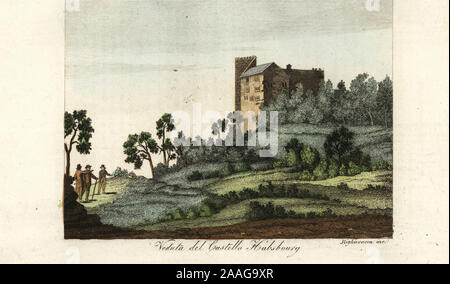 View of Habsburg Castle, medieval fortress in Habsburg, Switzerland, 1800s. Veduta del Castello Habsbourg. Handcoloured copperplate engraving by Migliavacca from Giulio Ferrario’s Costumes Ancient and Modern of the Peoples of the World, Il Costume Antico e Moderno, Florence, 1837. Stock Photo