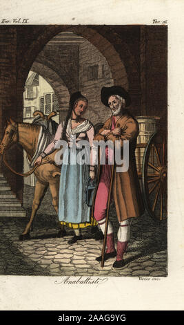 Milk-vendor Anabaptists of Basel, Switzerland, 16th century. Anabattisti. Handcoloured copperplate engraving by Verico from Giulio Ferrario’s Costumes Ancient and Modern of the Peoples of the World, Il Costume Antico e Moderno, Florence, 1837. Stock Photo