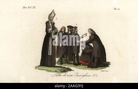 Two Calvinist priests laying hands on a man kneeling on a cushion, and woman of Zurich in mourning clothes, Switzerland, 16th century. Lutto di una Zurichese &c. Handcoloured copperplate engraving by Nasi from Giulio Ferrario’s Costumes Ancient and Modern of the Peoples of the World, Il Costume Antico e Moderno, Florence, 1837. Stock Photo
