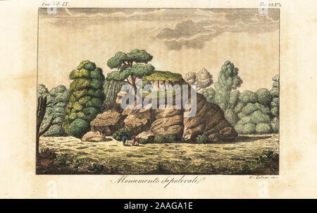 Ancient sepulchral monument in Germany. Burial mound or tumulus or the ancient Germanic people. Monumento Sepolcrale. Handcoloured copperplate engraving by Antoni from Giulio Ferrario’s Costumes Ancient and Modern of the Peoples of the World, Il Costume Antico e Moderno, Florence, 1837. Stock Photo