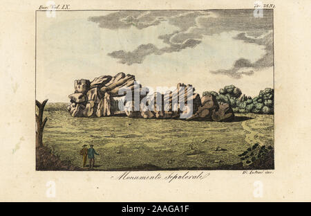 Ancient sepulchral monument in Germany. Stone megalith structure of the ancient Germanic people. Monumento Sepolcrale. Handcoloured copperplate engraving by Antoni from Giulio Ferrario’s Costumes Ancient and Modern of the Peoples of the World, Il Costume Antico e Moderno, Florence, 1837. Stock Photo