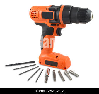 Black and Orange Cordless Drill Driver with Drill and Screwdriver Bits Isolated on White Background. Contains Clipping Path for Ease of Use. Stock Photo