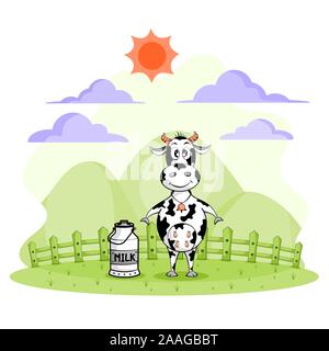 Cute cow cartoon and milk bucket in farm on white background. Concept of Let's drink milk. vector illustration flat design. Stock Vector