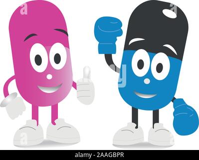 Pink and blue capsules characters with shadows. Strong guard pills in boxing gloves. Flat cartoon character illustration icon design. Isolated on whit Stock Vector