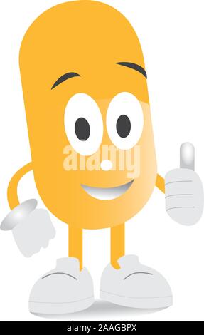 Yellow capsule characters with shadows. Cute happy smiling pill. Flat cartoon character illustration icon design. Isolated on white background. Medica Stock Vector
