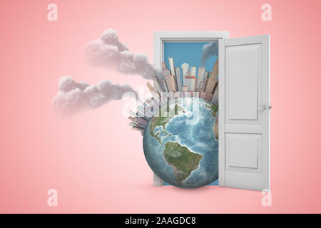 3d rendering of Earth with skyscraper city on it, emitting grey fumes in all directions, emerging from white door on pink background. Air pollution. G Stock Photo
