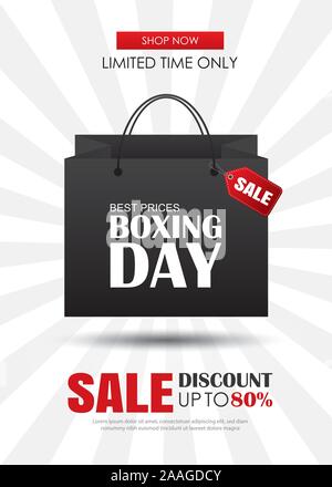 Boxing day sale with shopping bag advertising poster template. Use for flyer, banner, christmas seasonal offer, discount. Stock Vector