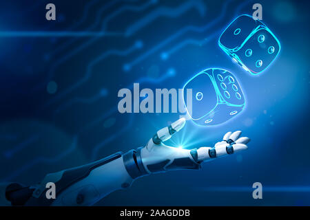 Robotic hand and neon casino dice on blue background. Concept art. Future and technology. Casino and gambling. Stock Photo