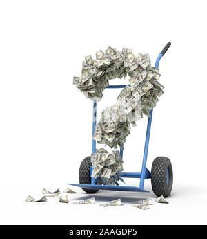 3d rendering of hand truck standing in half-turn with question mark made up of dollar banknotes on it. Make money fast. Delivery business. Quick money Stock Photo
