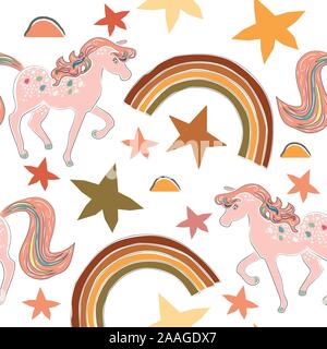 Seamless Terracotta pattern with Unicorns and rainbows. Repeating pattern. Childish Design. Vector Illustration Stock Vector