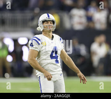 Houston, Texas, USA. 21st Nov, 2019. Indianapolis Colts kicker Adam Vinatieri (4) warms up before the start of an NFL game between the Houston Texans and the Indianapolis Colts at NRG Stadium in Houston, Texas, on Nov. 21, 2019. Houston won 20-17. Credit: Scott Coleman/ZUMA Wire/Alamy Live News Stock Photo