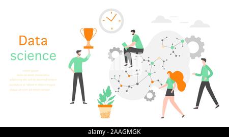 Vector illustration Data science, big data conference, big data presentation concept. People. Analysis, processing and provision of data Research, sta Stock Vector