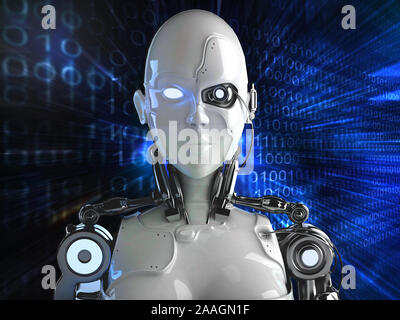 Technology background with a robot android women - cyborg girl-3d render Stock Photo