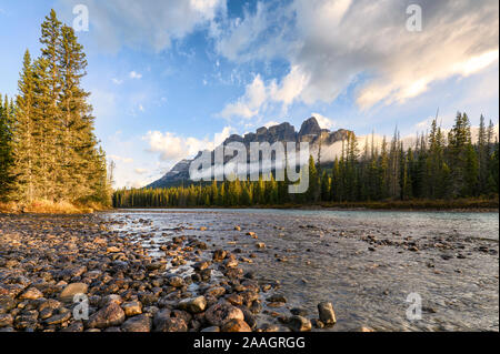 Beautiful sunrise on Castle mountain and bow river at Banff national park, Canada Stock Photo