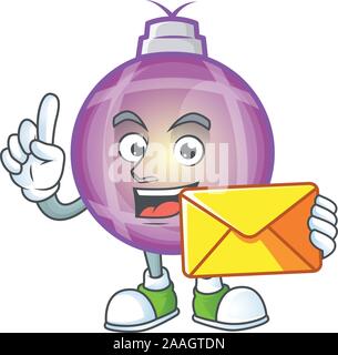 Happy face yellow christmas ball mascot cartoon style with envelope. Stock Vector