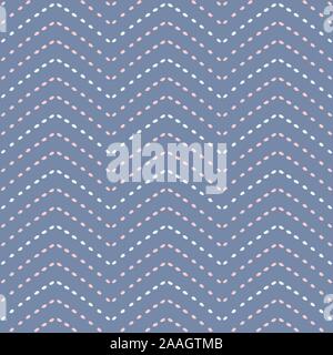 Abstract vector dotted chevron seamless pattern. Stitching effect background repeat in pink, blue and white. Stock Vector