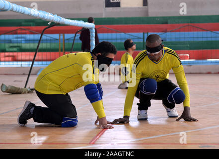 Gaza. 21st Nov, 2019. Vision-impaired players compete during a goalball match at Palestine Stadium, in Gaza City, Nov. 21, 2019. TO GO WITH:'Goalball tries to make its way in Gaza Strip' Credit: Rizek Abdeljawad/Xinhua/Alamy Live News Stock Photo