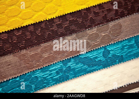 samples of artificial fur carpets of different colors Stock Photo